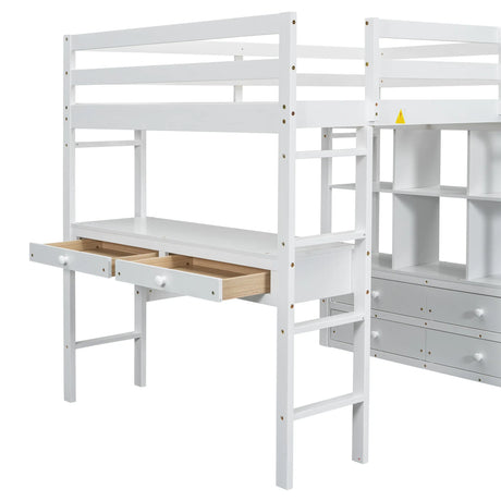 Full White Pine Full Loft Bed With Built-In Desk - Omega Lifestyles