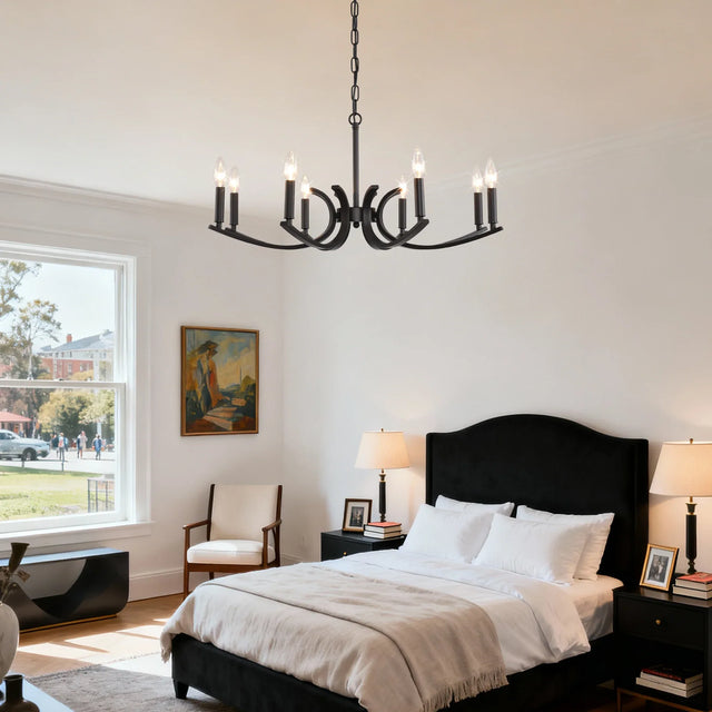 8-Light Matte Black Metal Farmhouse Chandelier Adjustable Height - Omega Lifestyles