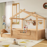 Twin Natural Wood House Bed With Guardrails and Tray