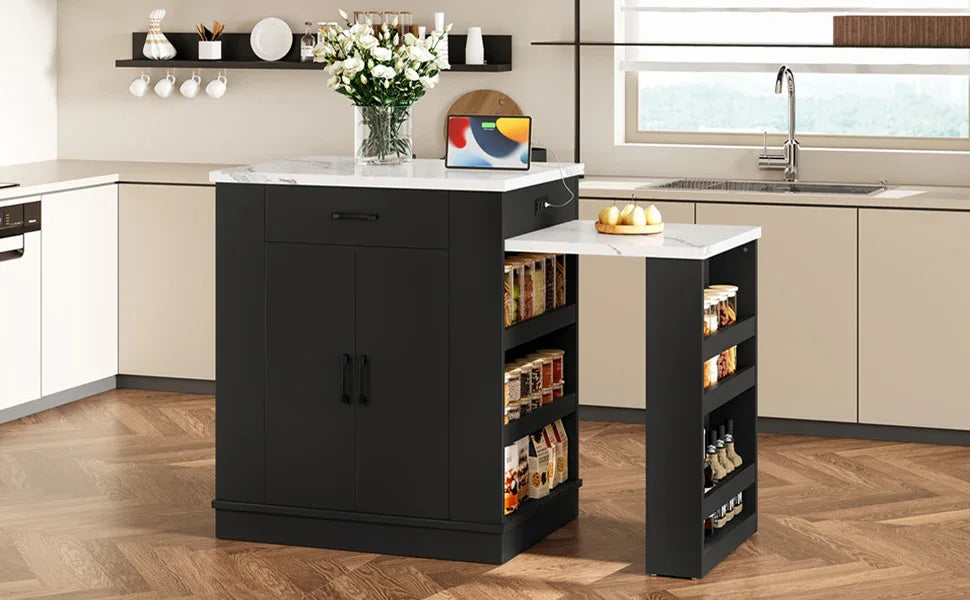 Extendable Black Kitchen Island With Storage Cabinet - Omega Lifestyles