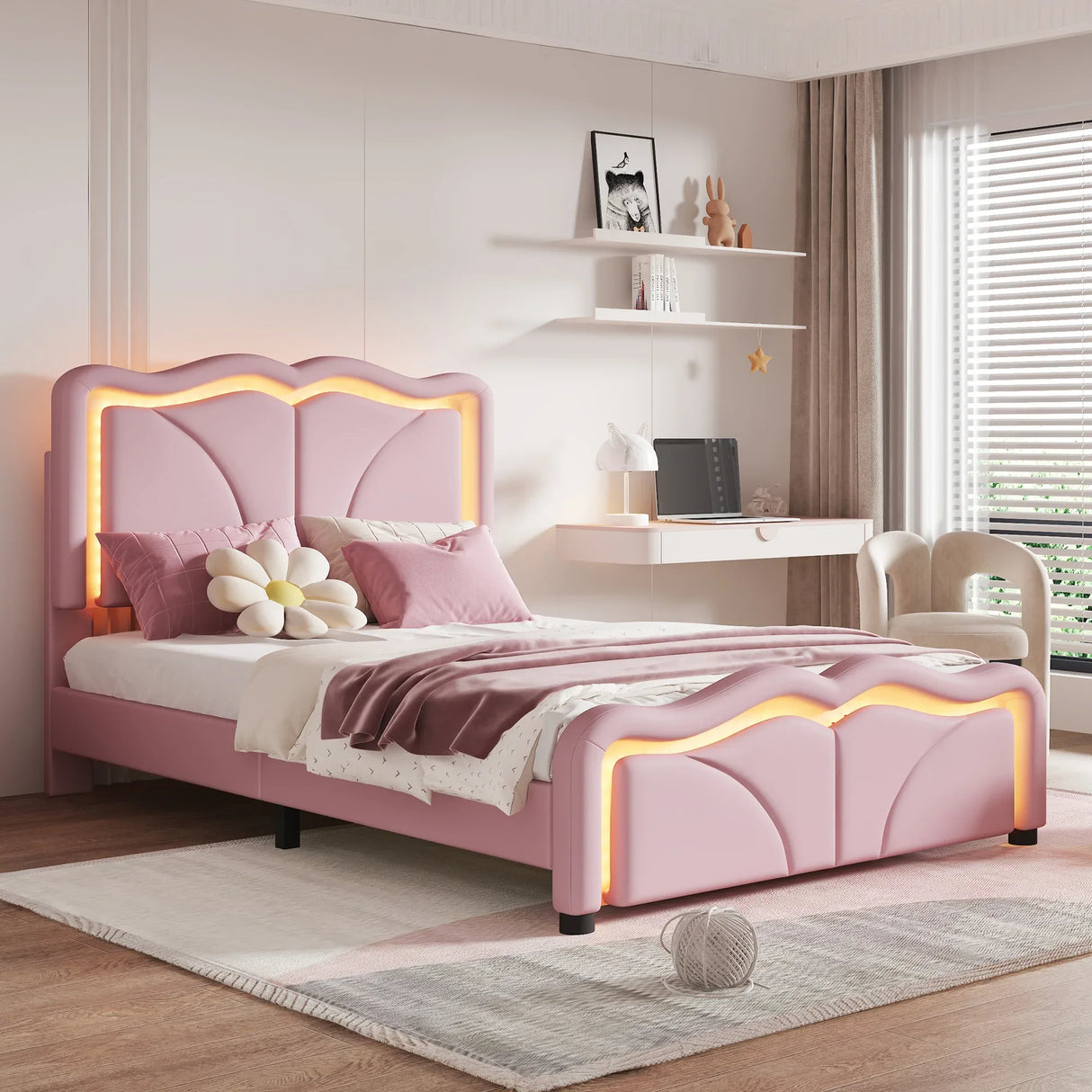 Twin Upholstered Platform Bed With Adjustable Headboard and LED Light Strips - Omega Lifestyles