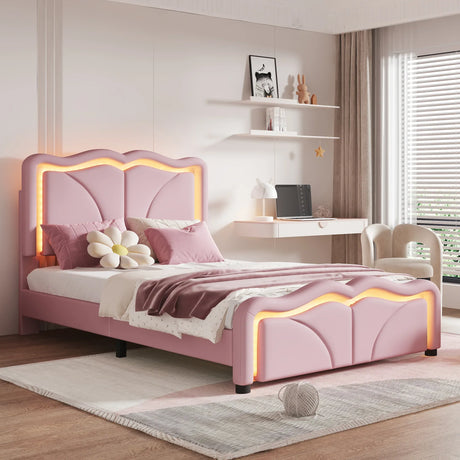 Twin Upholstered Platform Bed With Adjustable Headboard and LED Light Strips - Omega Lifestyles