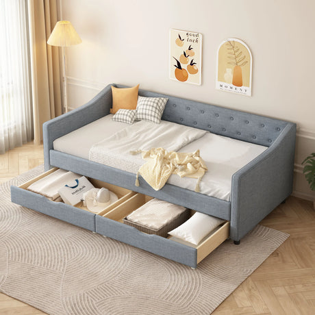 Twin Upholstered Linen Daybed With Storage Drawers - Omega Lifestyles