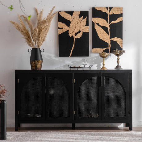Modern Black MDF Rattan Storage Sideboard Cabinet - Omega Lifestyles