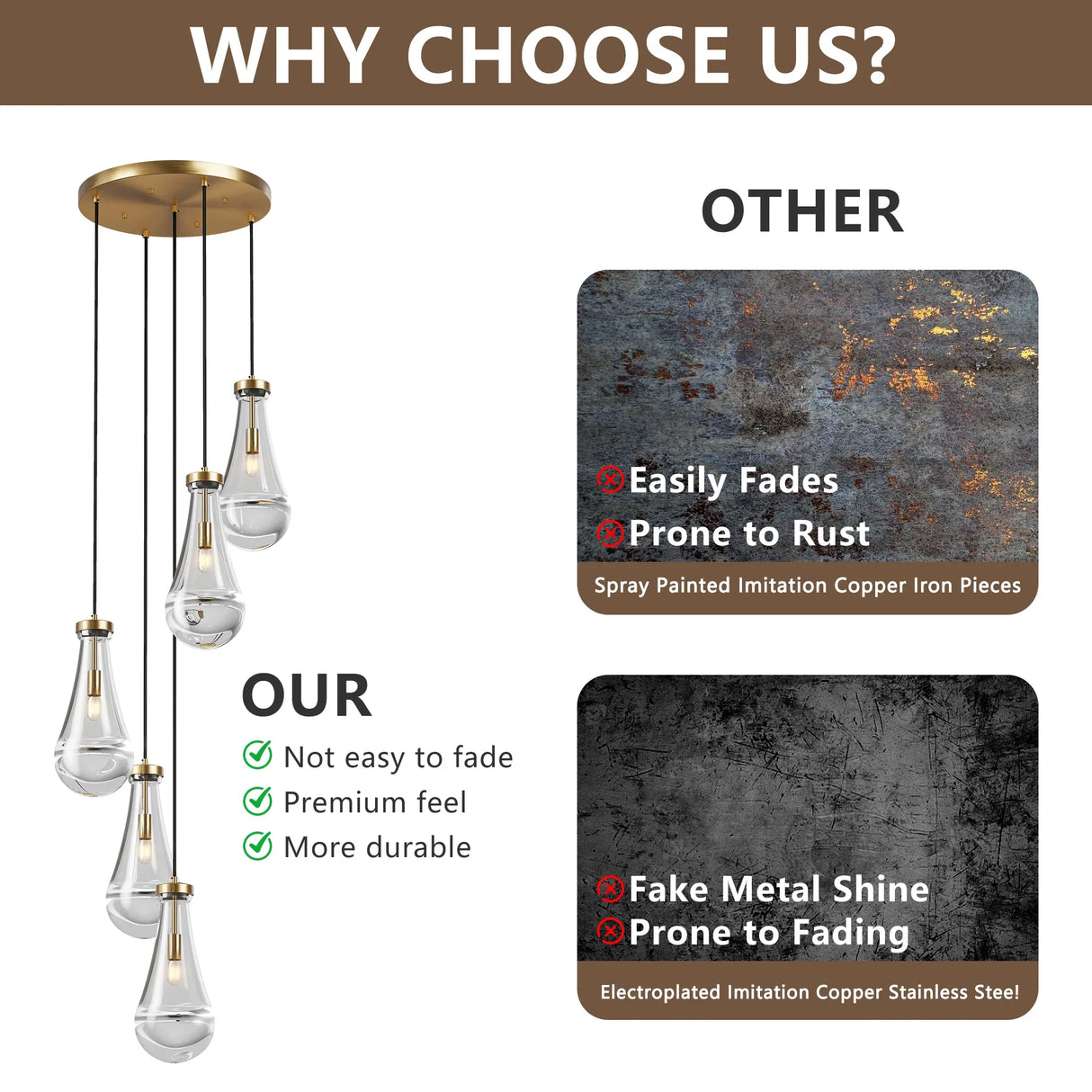 5-Light Brass Raindrop Glass Adjustable Pendant Chandelier - Omega Lifestyles