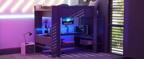 Full Wood Gaming Loft Bed Frame With Desk LED Charging Station - Omega Lifestyles