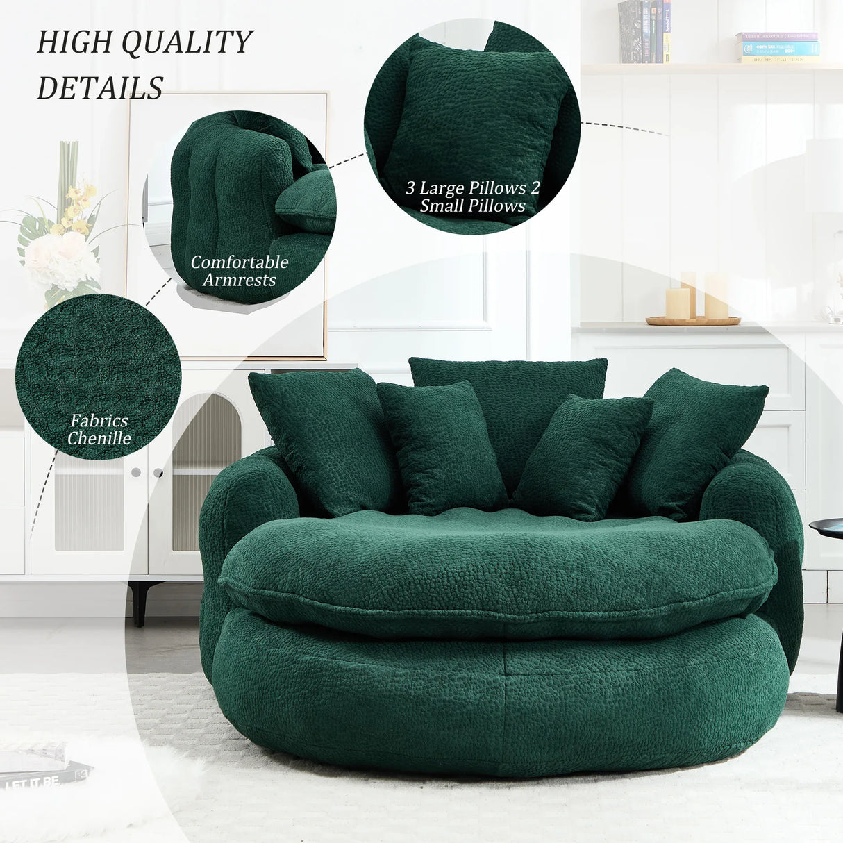 Oversized Chenille Memory Foam Bean Bag Sofa With Pillows - Omega Lifestyles