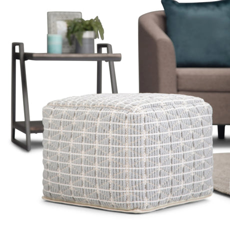 Square Cotton Woven Blue White Fabric Pouf Stool - Omega Lifestyles