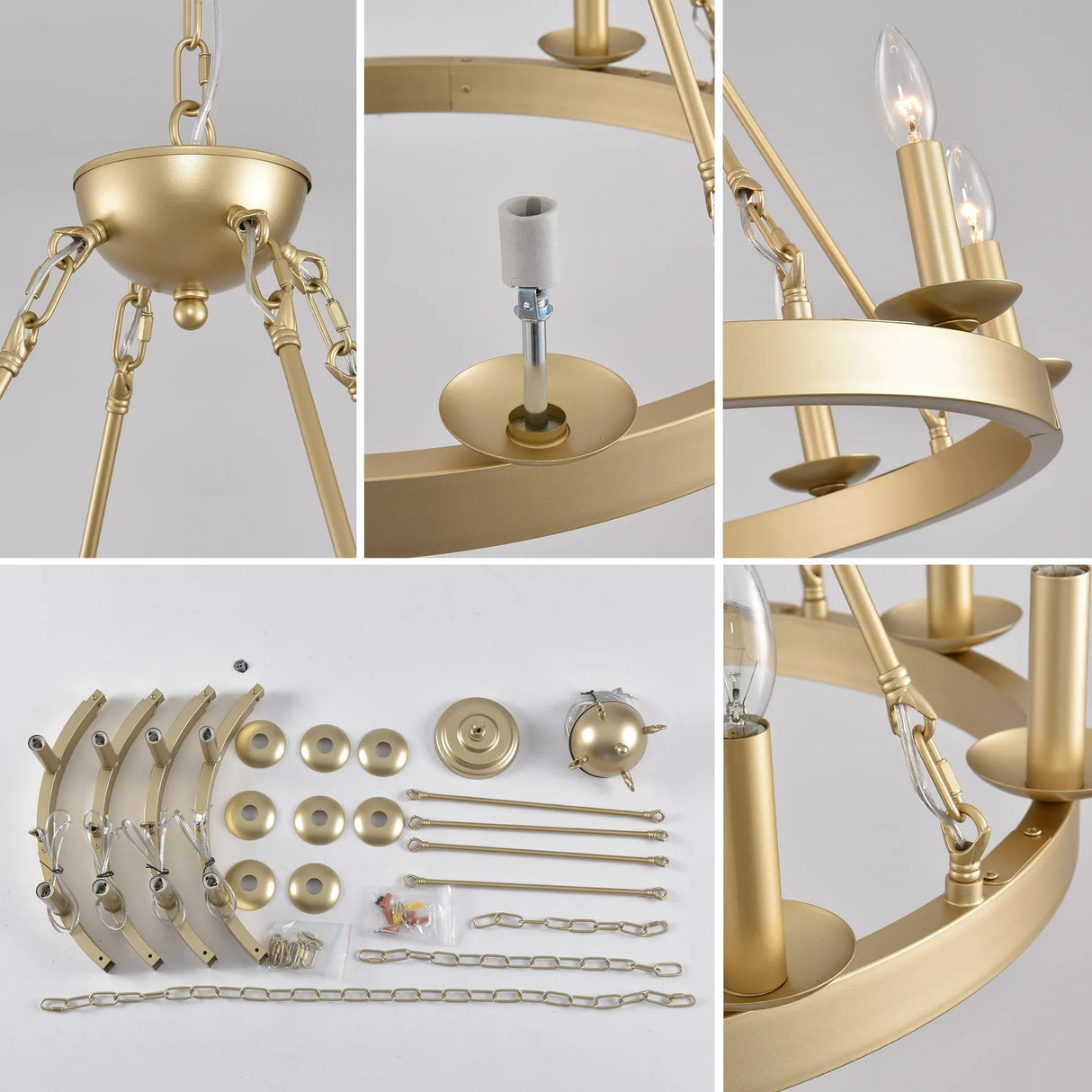 Farmhouse Wagon Wheel Gold Metal Chandelier 24-Inch - Omega Lifestyles