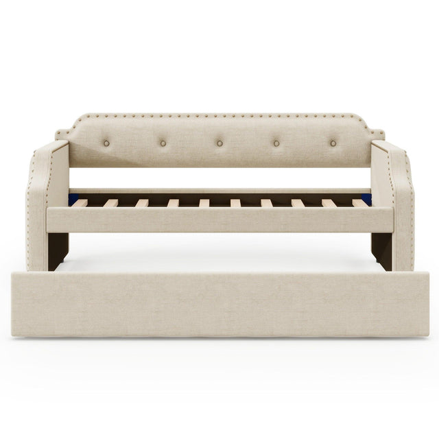 Twin Upholstered Daybed With Trundle Linen Frame - Omega Lifestyles