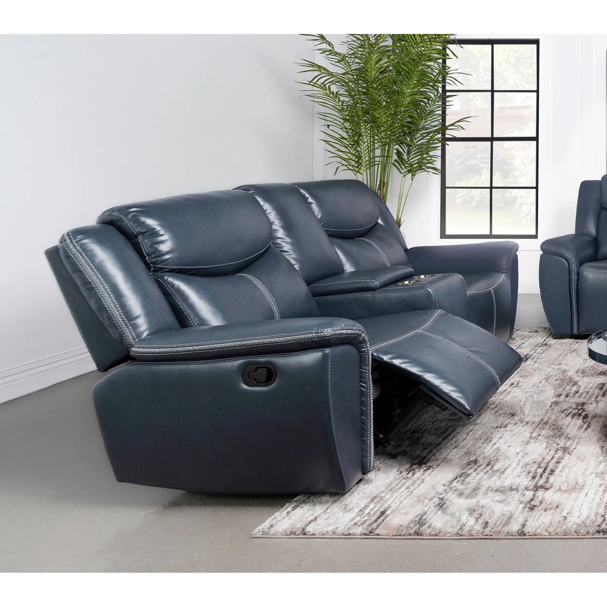 Blue Upholstered Motion Reclining Loveseat With Console - Omega Lifestyles