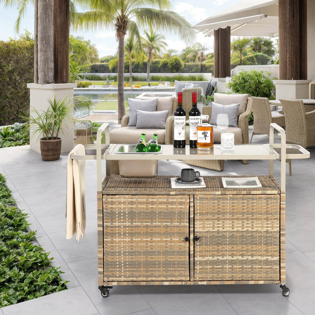 Outdoor Bar Table With Wicker Cabinet Steel Top Cart