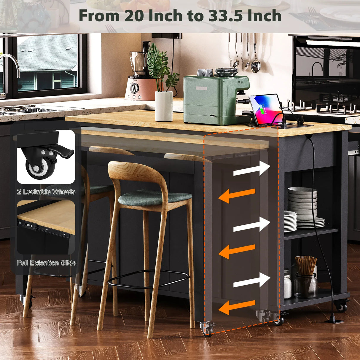 Extendable Rubber Wood Veneer Kitchen Island Cart - Omega Lifestyles