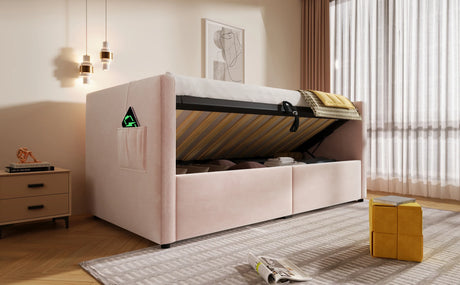 Twin Pink Velvet Upholstered Hydraulic Storage Bed Frame - Omega Lifestyles