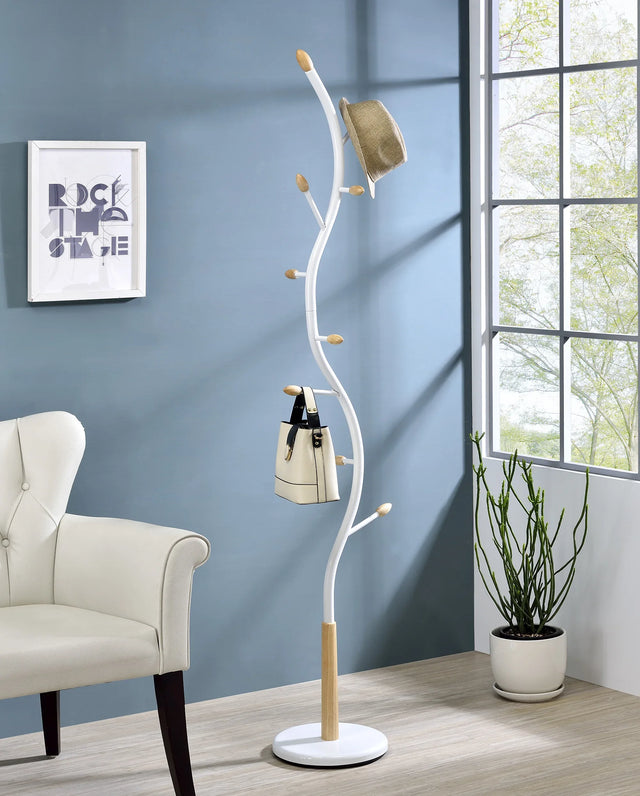 Metal White And Oak Standing Coat Rack With 9 Hooks - Omega Lifestyles