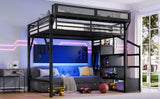 Queen Metal Loft Bed With Storage Stairs USB LED Lighting - Omega Lifestyles