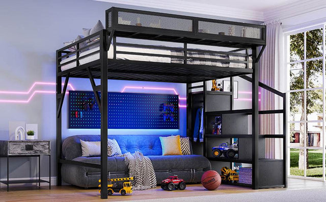 Queen Metal Loft Bed With Storage Stairs USB LED Lighting - Omega Lifestyles
