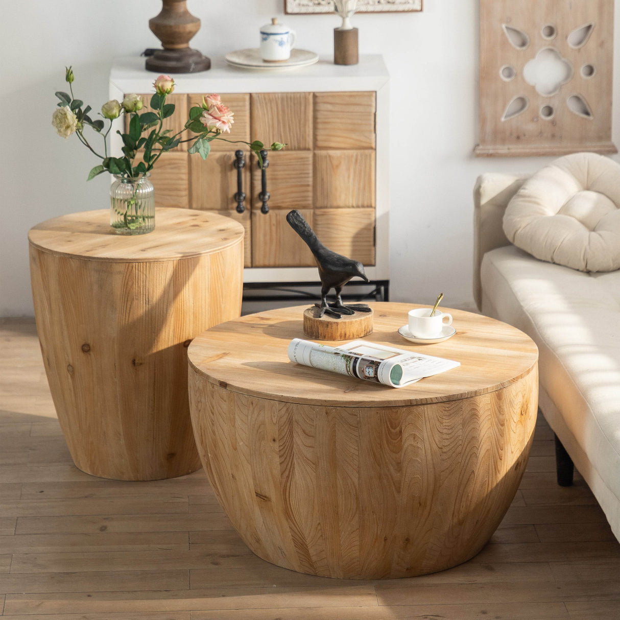 2-Piece Vintage Fir Wood Bucket Shaped Coffee Table Set - Sleep Galleria
