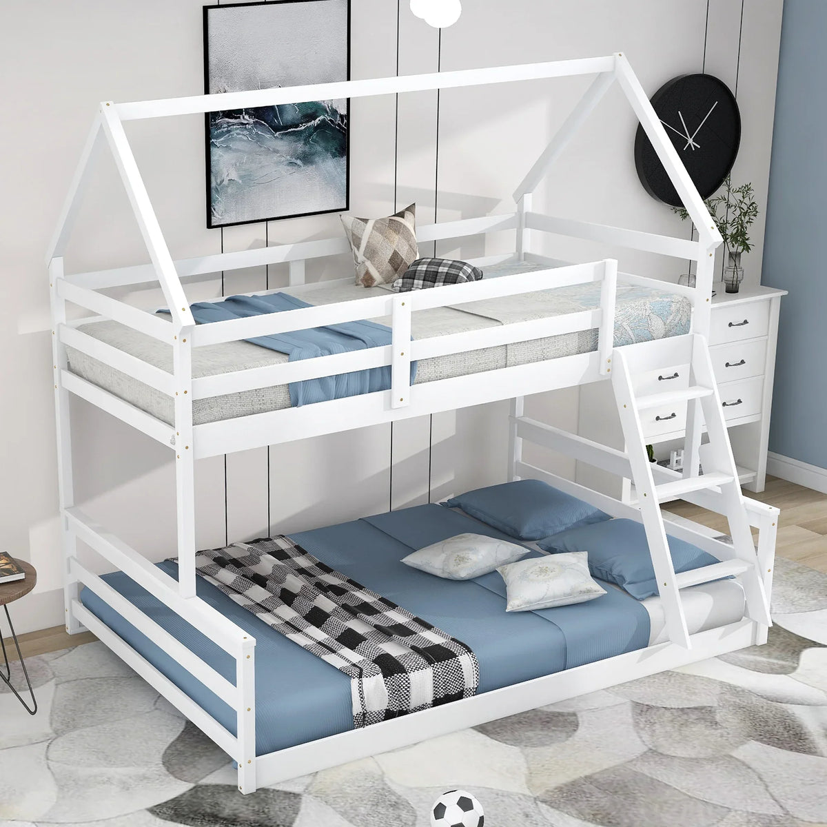 Twin Over Full Pine Wood House Bunk Bed With Ladder - Omega Lifestyles