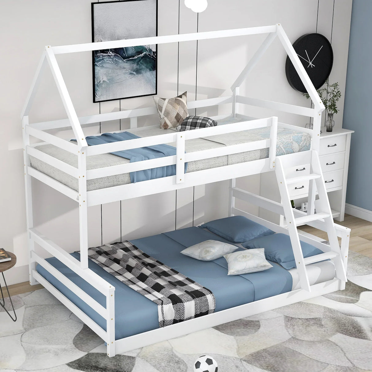 Twin Over Full Pine Wood House Bunk Bed With Ladder - Omega Lifestyles