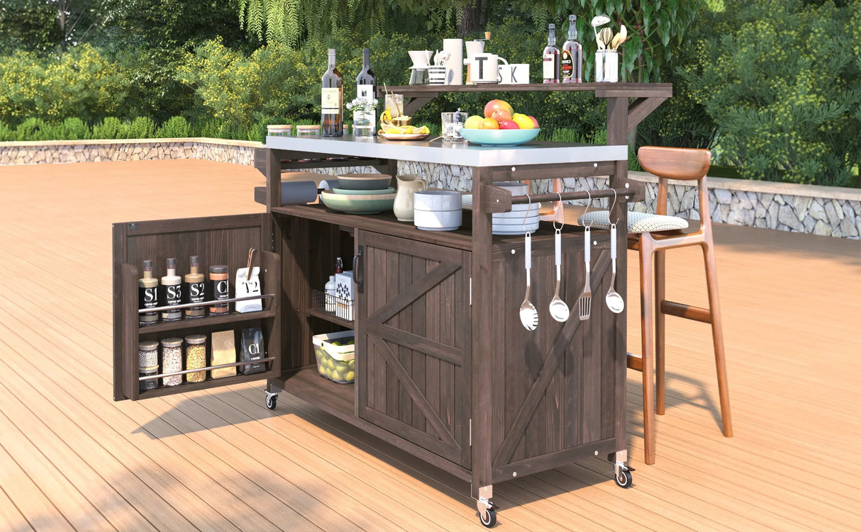 Outdoor Kitchen Island Solid Fir Wood Raised Shelf Cart - Omega Lifestyles