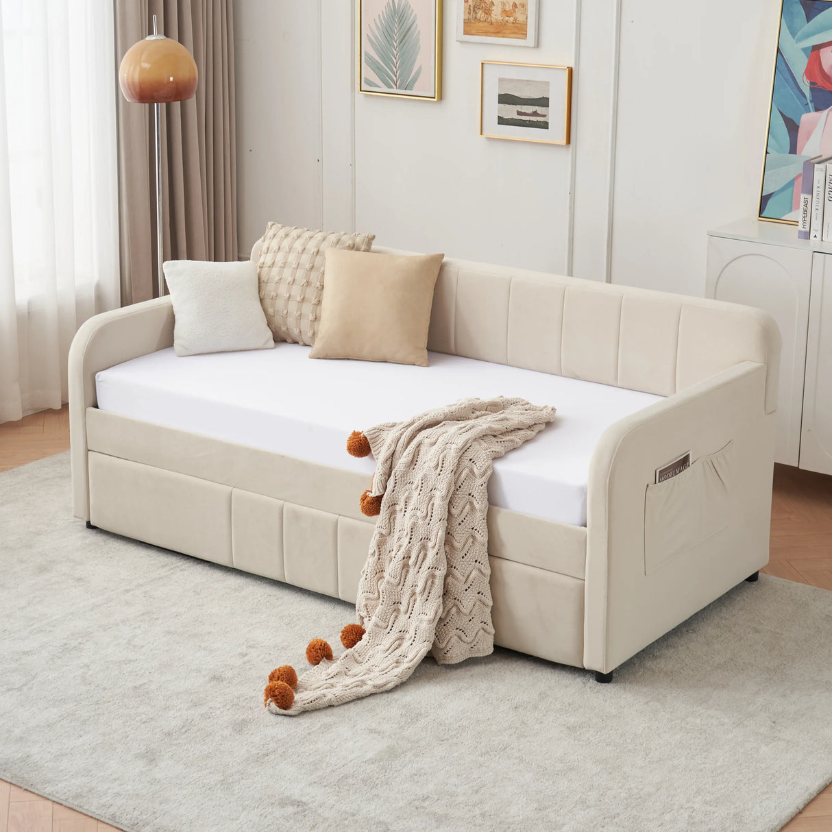 Twin Upholstered Velvet Daybed Frame With Trundle - Omega Lifestyles