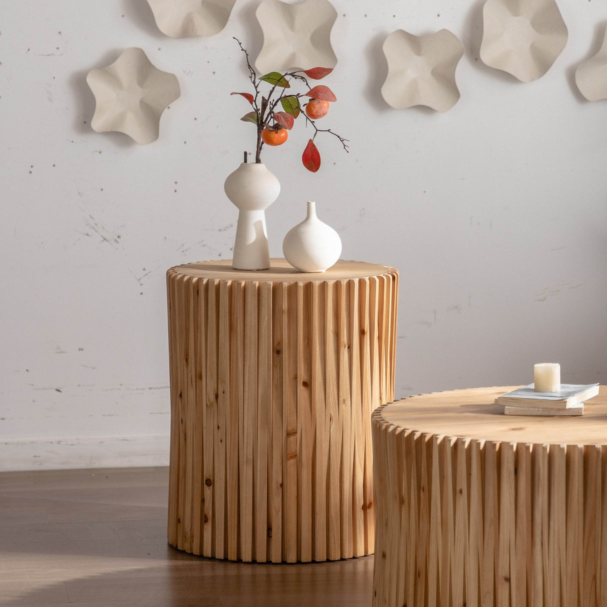 Set of 2 Natural MDF Fir Round Coffee Tables - Omega Lifestyles