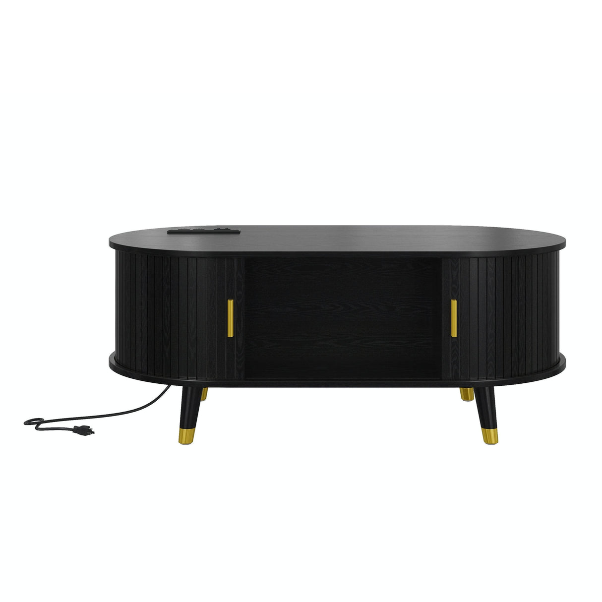 Mid-Century Modern Black Fluted Coffee Table With Charging Station - Sleep Galleria