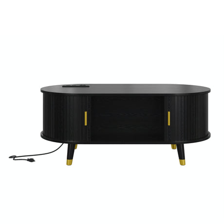 Mid-Century Modern Black Fluted Coffee Table With Charging Station - Sleep Galleria