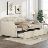 Twin Upholstered Daybed With Trundle Linen Frame - Omega Lifestyles
