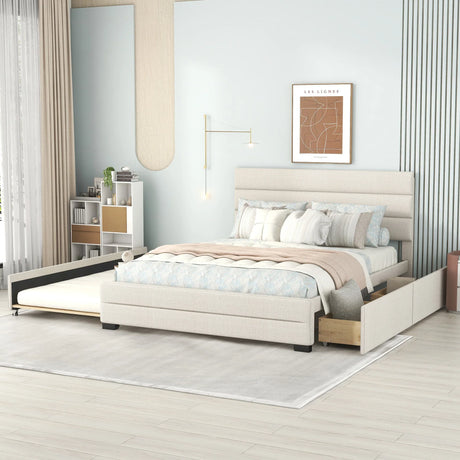 Queen Upholstered Platform Bed With Twin Trundle And Storage Drawers - Omega Lifestyles
