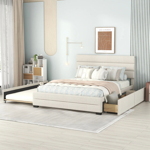 Queen Upholstered Platform Bed With Twin Trundle And Storage Drawers - Omega Lifestyles