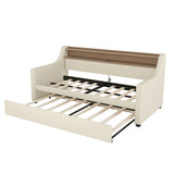 Twin PU Leather Daybed With Trundle Charging Station LED Light - Omega Lifestyles