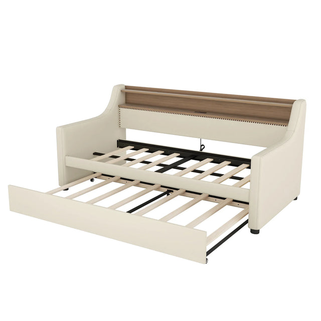 Twin PU Leather Daybed With Trundle Charging Station LED Light - Omega Lifestyles