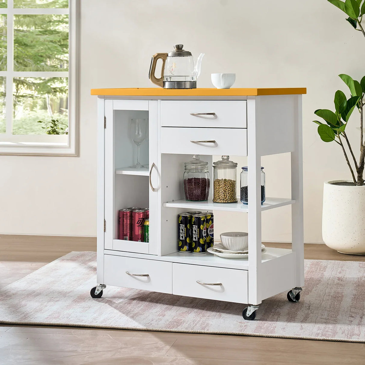 White Rolling Kitchen Island Cart With Drawers And Wheels - Omega Lifestyles