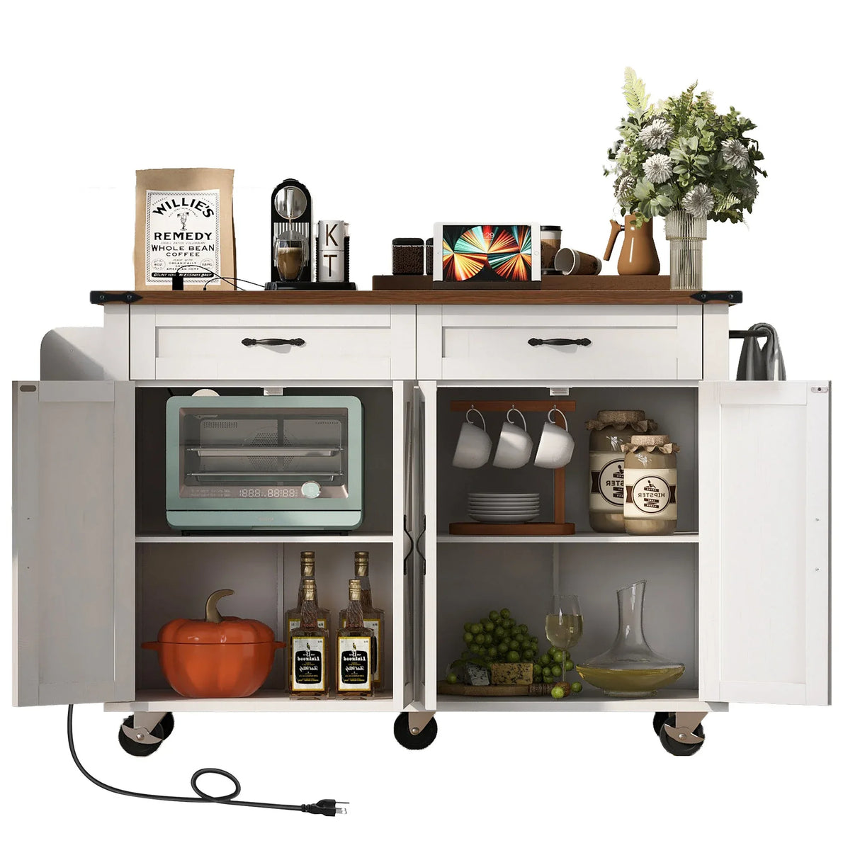Farmhouse Style Rolling Kitchen Island With Power Outlet - Omega Lifestyles