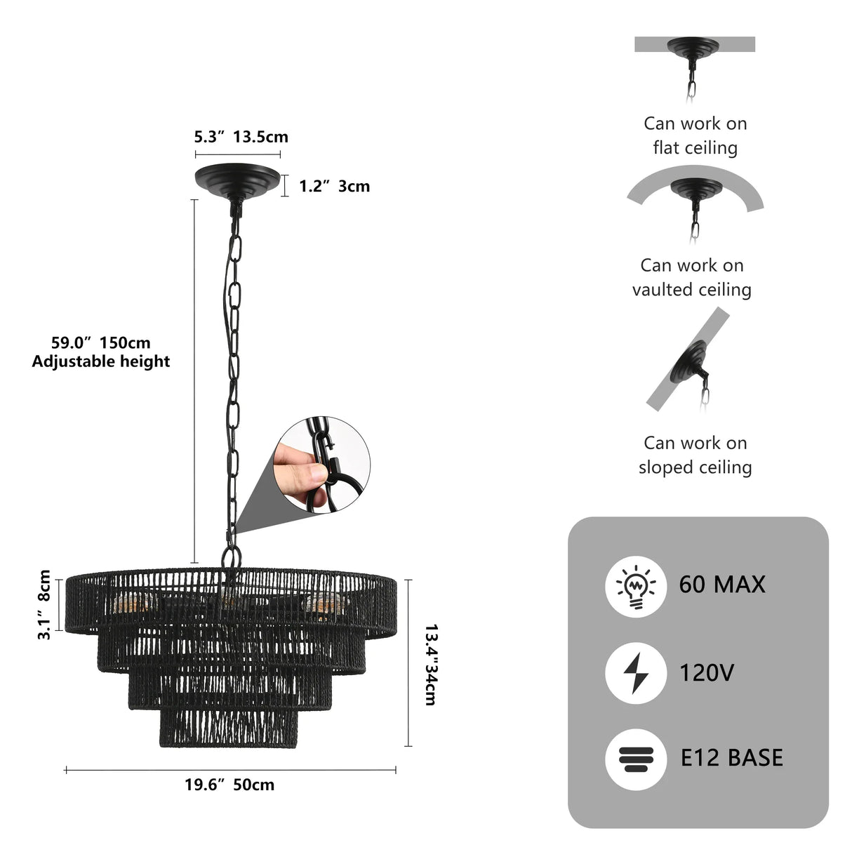 Rustic 4-Tier Black Hemp Rope Pendant Light Chandelier - Omega Lifestyles