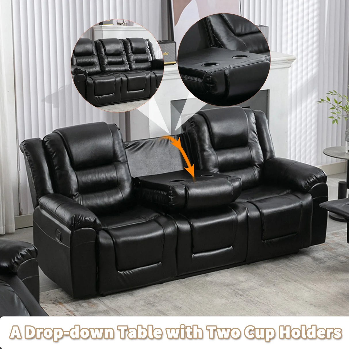 3 Seater Manual Recliner Chair With Cup Holders Black PU - Omega Lifestyles