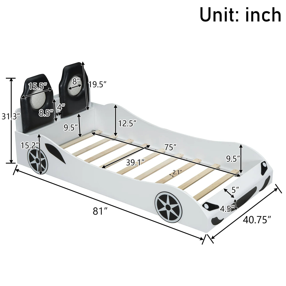 Twin Race Car-Shaped Wood Platform Bed With LED - Omega Lifestyles