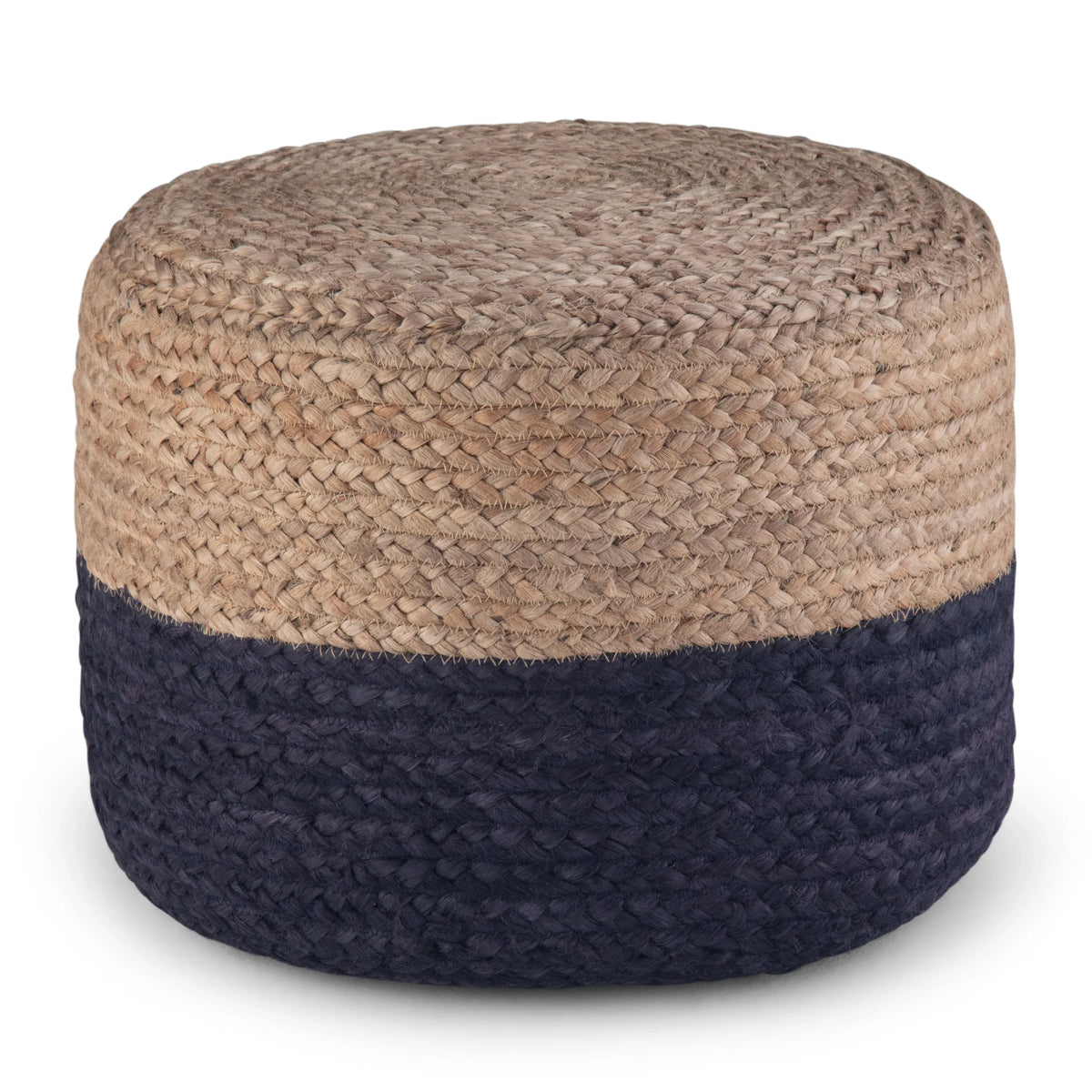 Handcrafted Braided Jute Round Fabric Pouf Navy Natural - Omega Lifestyles