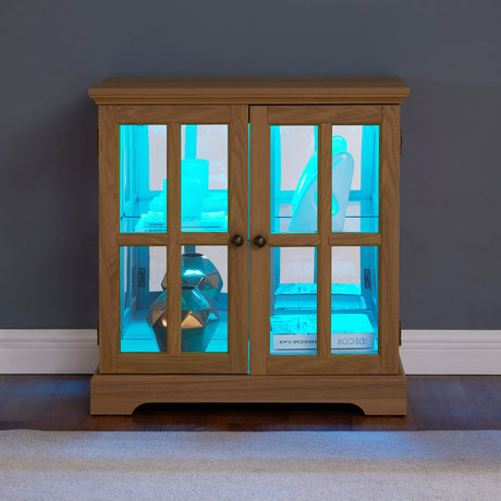 Antique Oak LED Glass Display Cabinet With Adjustable Shelves - Omega Lifestyles