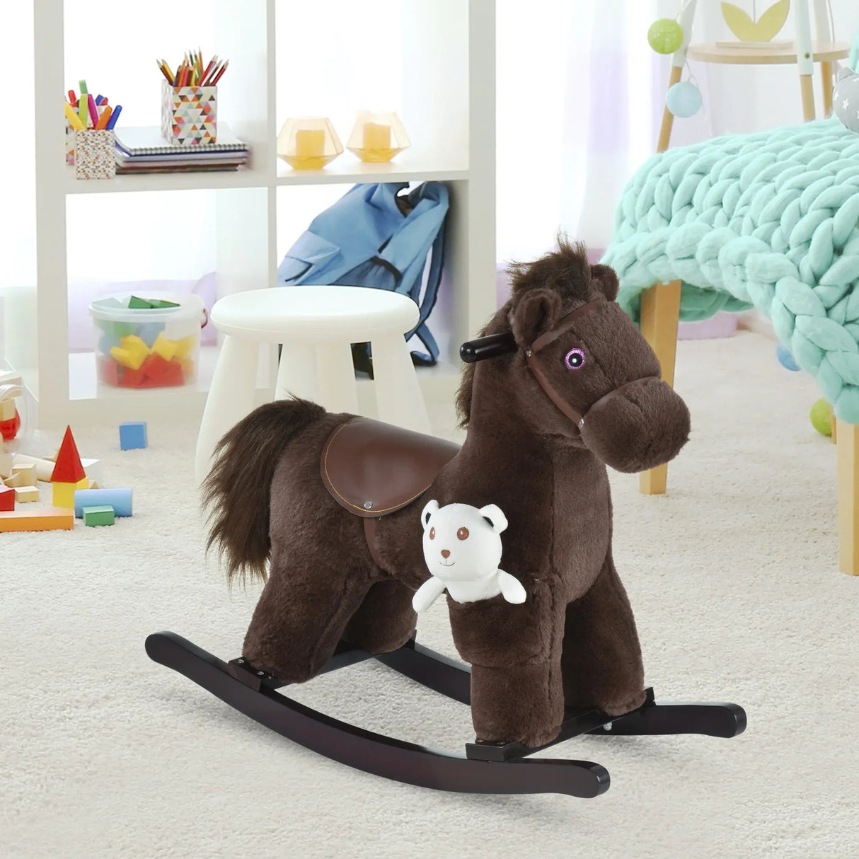 Kids Plush Ride-On Rocking Horse With Sounds and Bear Toy - Omega Lifestyles