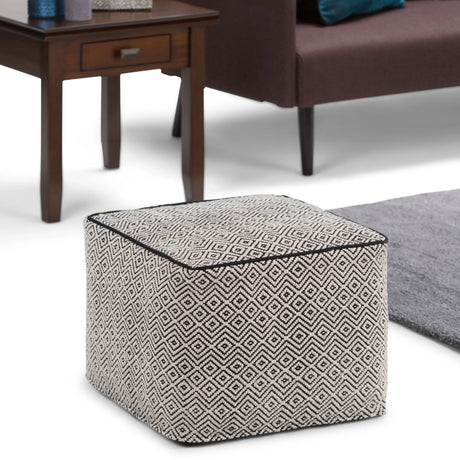 Black Patterned Upholstered Fabric Square Pouf Seating Stool - Omega Lifestyles