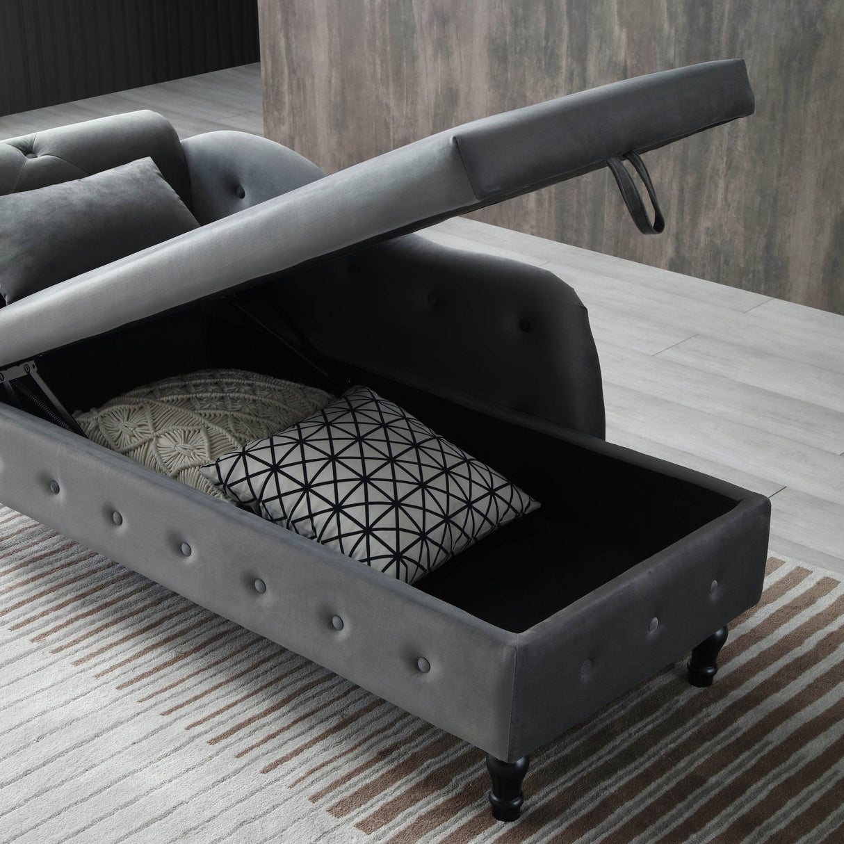 Velvet Upholstered Storage Chaise Lounge With Pillow - Omega Lifestyles