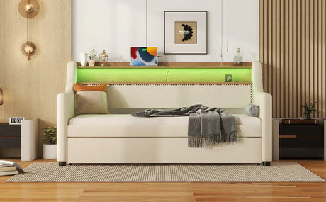 Twin PU Leather Daybed With Trundle Charging Station LED Light - Omega Lifestyles