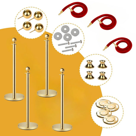 Set of 4 Stainless Steel Gold Velvet Rope Posts - Omega Lifestyles