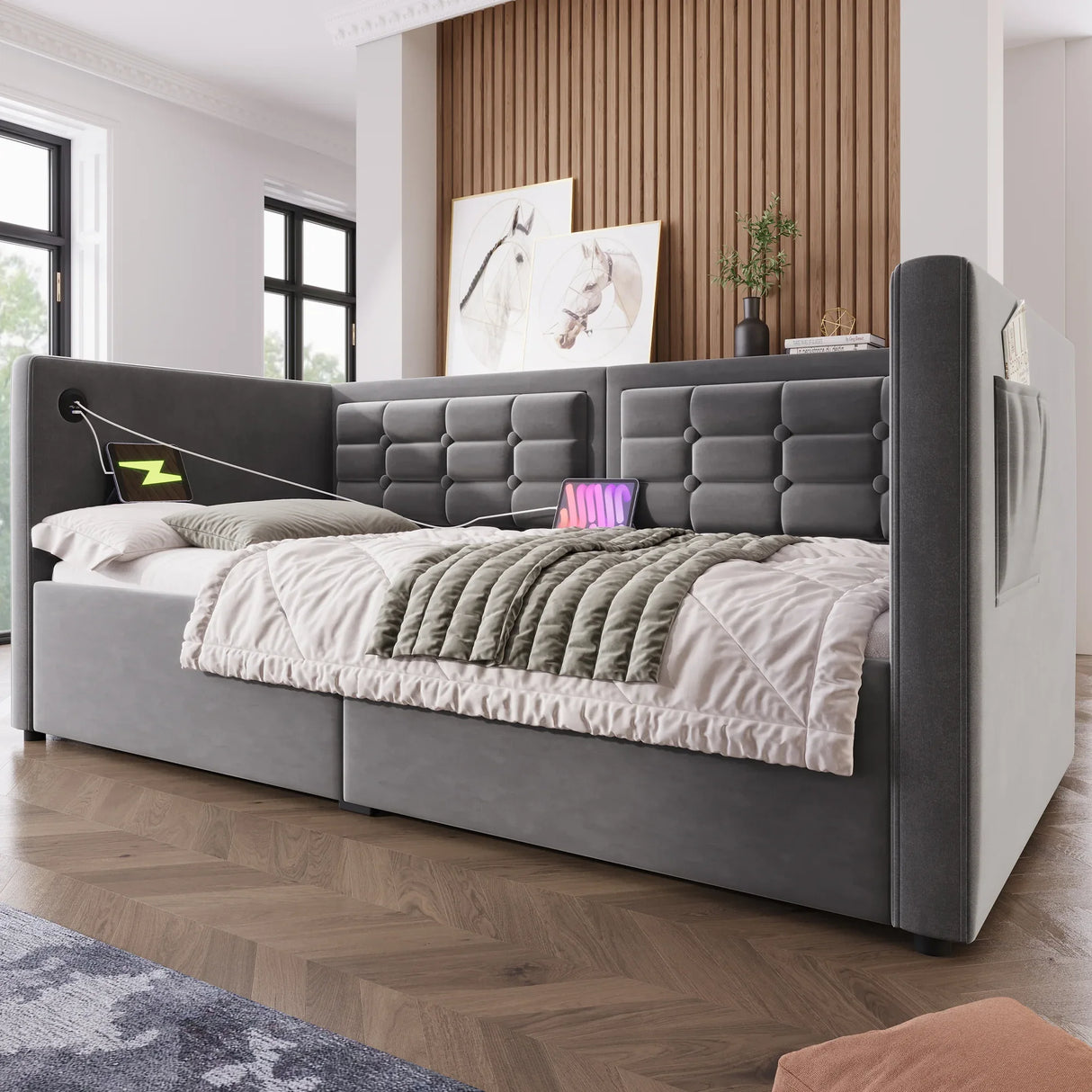 Twin Gray Velvet Upholstered Hydraulic Storage Daybed With USB Charging - Omega Lifestyles