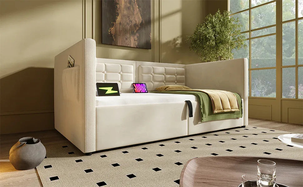 Twin Beige Velvet Upholstered Hydraulic Storage Bed Frame - Omega Lifestyles