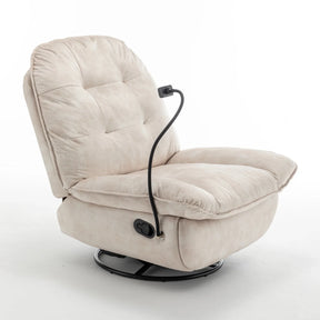 Modern Ivory Velvet Swivel Gliding Recliner Chair With Phone Holder - Omega Lifestyles