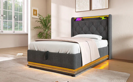 Twin Upholstered Linen Storage Bed With LED Lighting - Omega Lifestyles